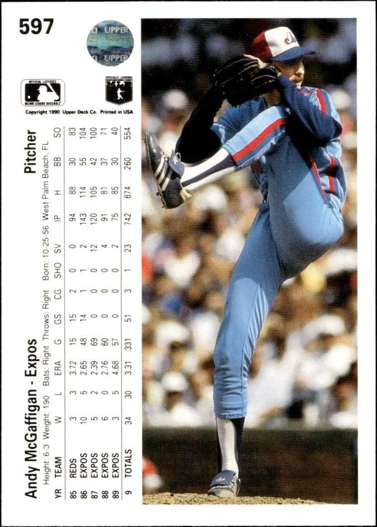 1990 Upper Deck Andy McGaffigan #597 baseball trading card back