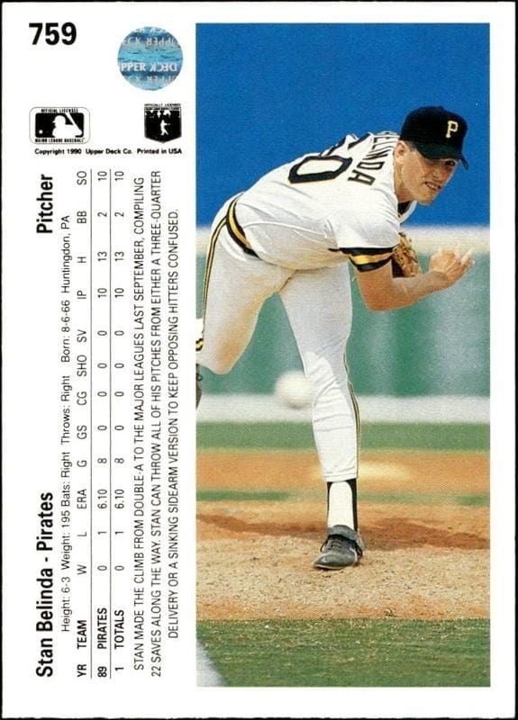 1990 Upper Deck Stan Belinda #759 baseball trading card back