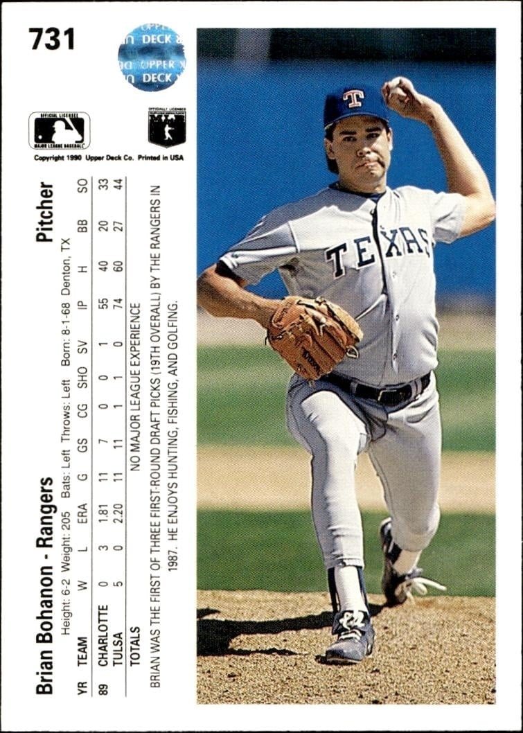 1990 Upper Deck Brian Bohanon #731 baseball trading card back