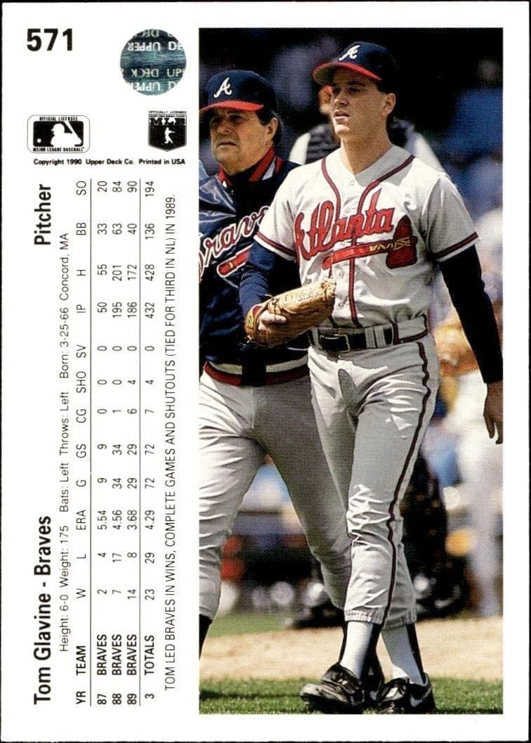 1990 Upper Deck Tom Glavine #571 baseball trading card back