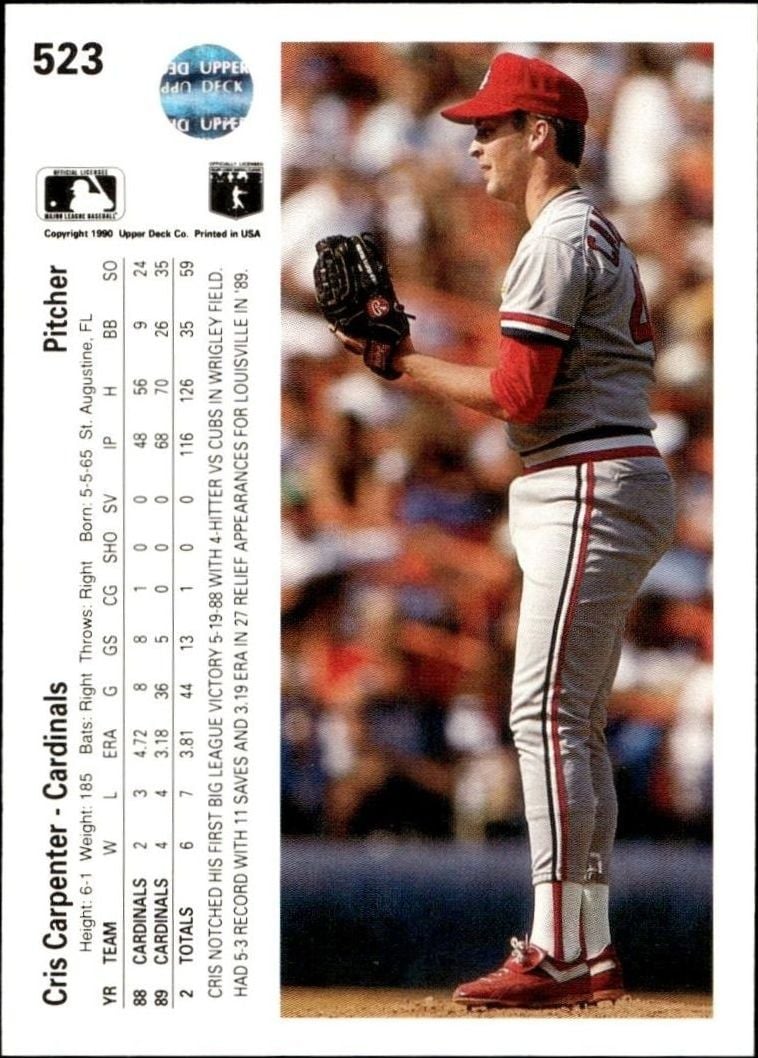 1990 Upper Deck Cris Carpenter #523 baseball trading card back