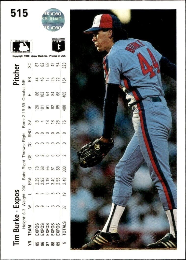 1990 Upper Deck Tim Burke #515 baseball trading card back