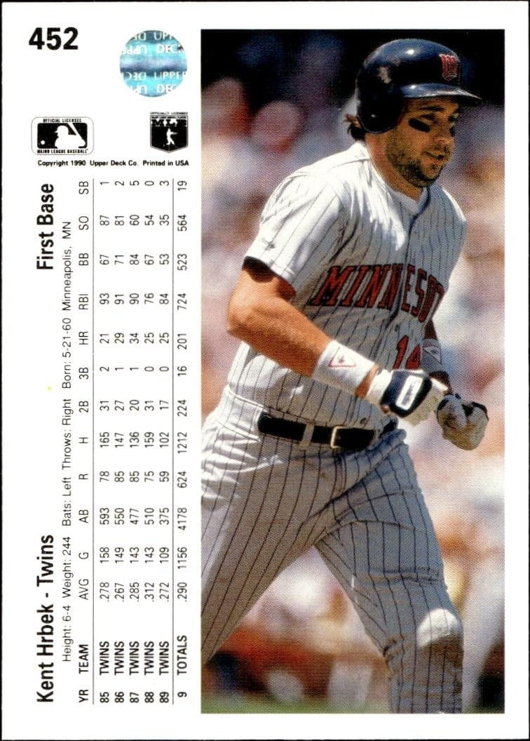1990 Upper Deck Kent Hrbek #452 baseball trading card back