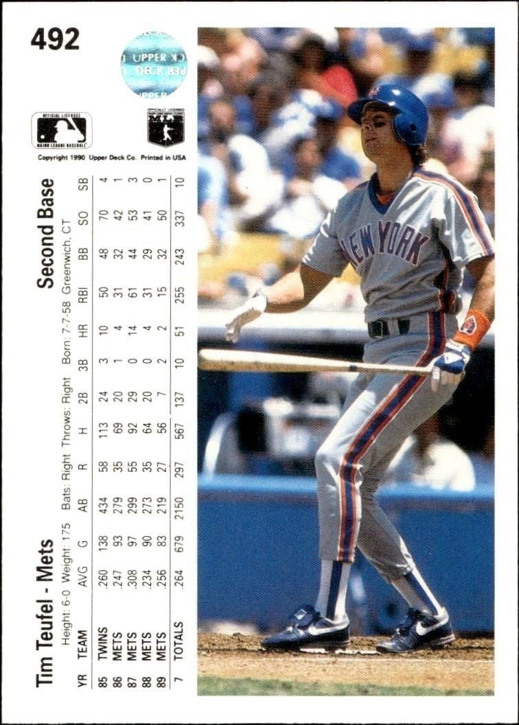 1990 Upper Deck Tim Teufel #492 baseball trading card back