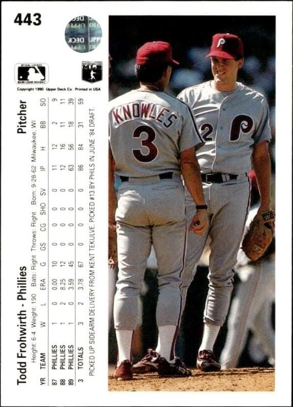 1990 Upper Deck Todd Frohwirth #443 baseball trading card back