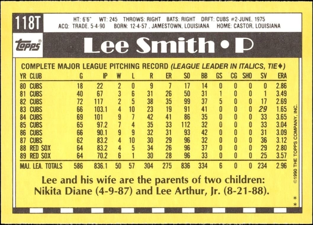1990 Topps Traded Lee Smith #118T baseball trading card back