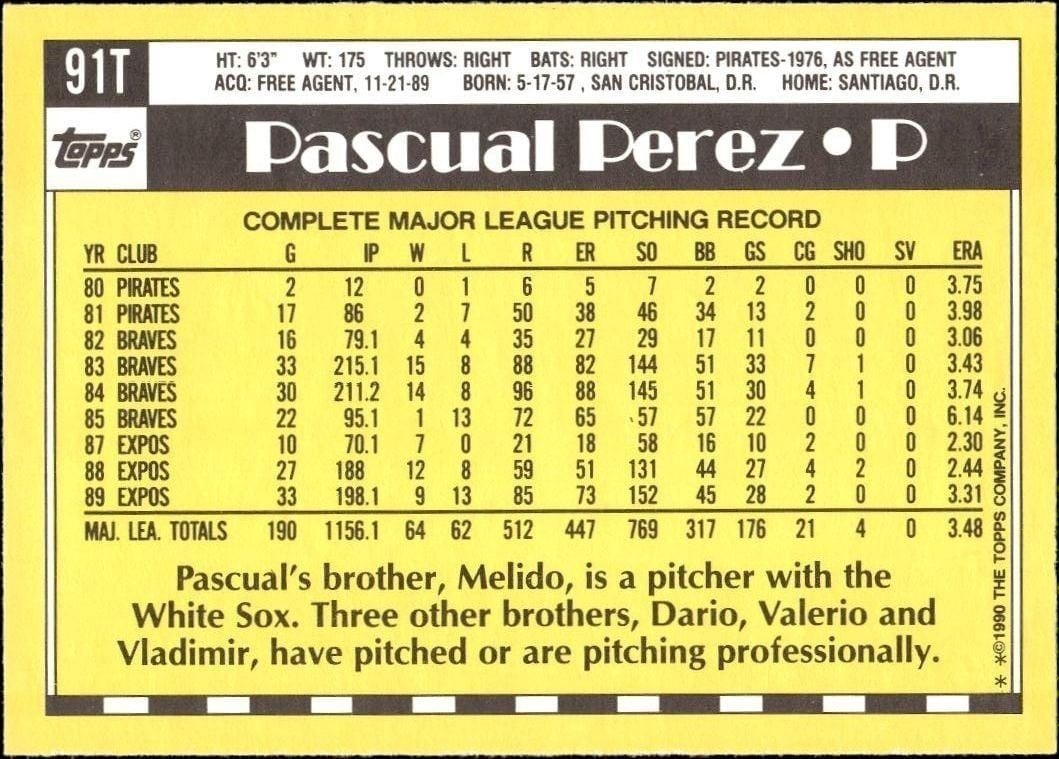 1990 Topps Traded Pascual Perez #91T baseball trading card back