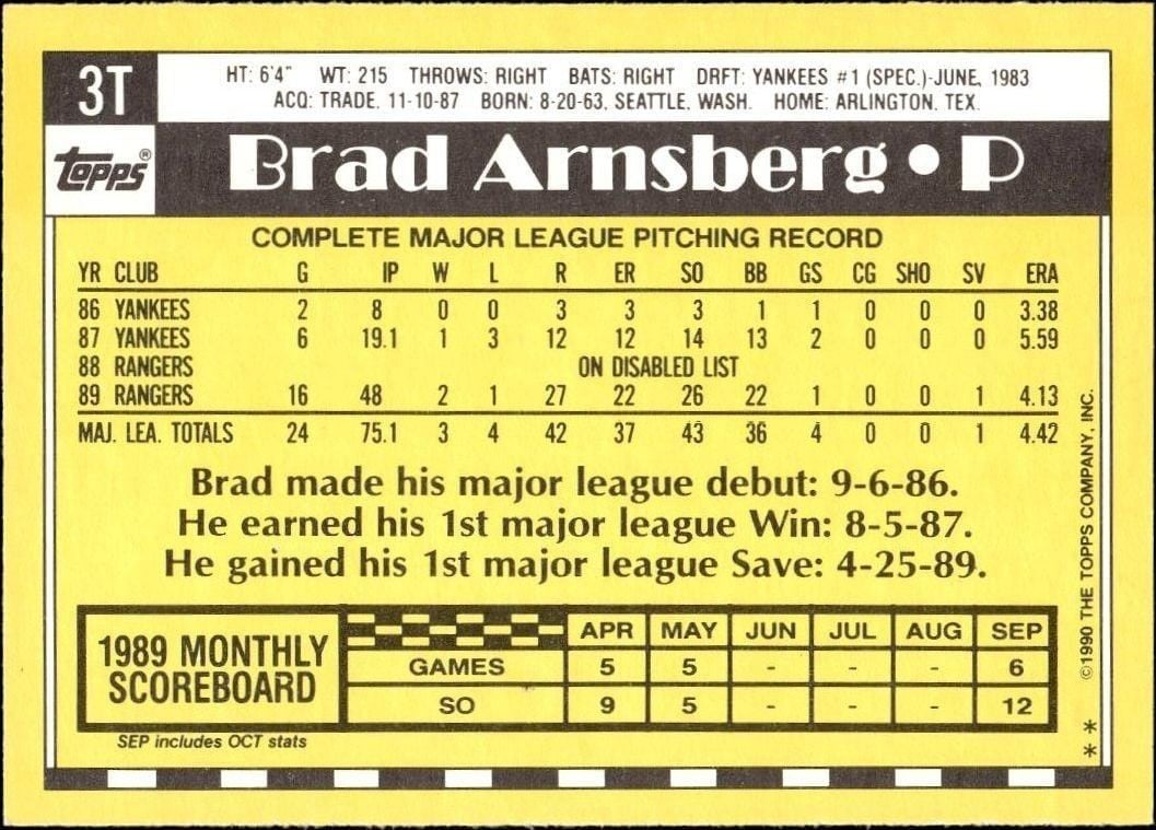 1990 Topps Traded Brad Arnsberg #3T baseball trading card back
