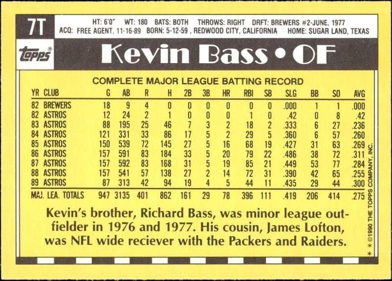 1990 Topps Traded Kevin Bass #7T baseball trading card back