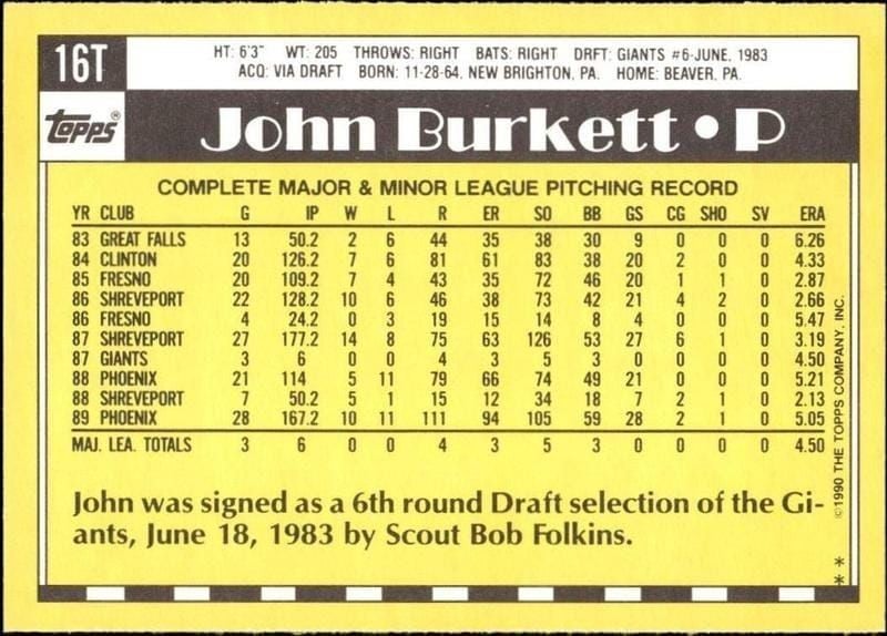 1990 Topps Traded John Burkett #16T baseball trading card back