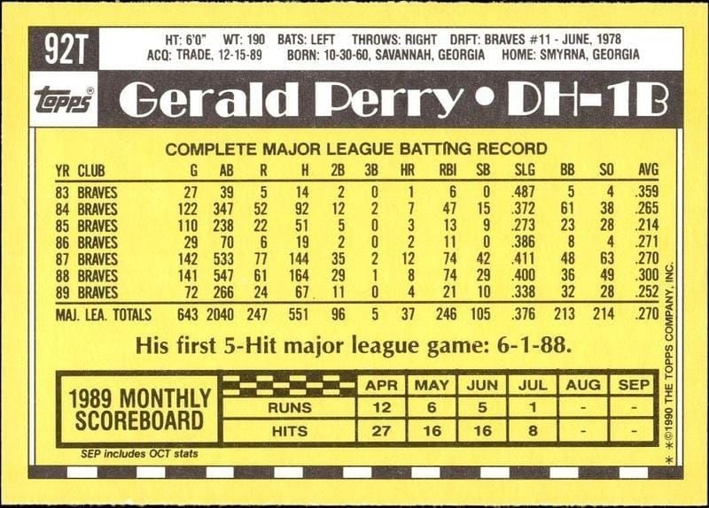 1990 Topps Traded Gerald Perry #92T baseball trading card back