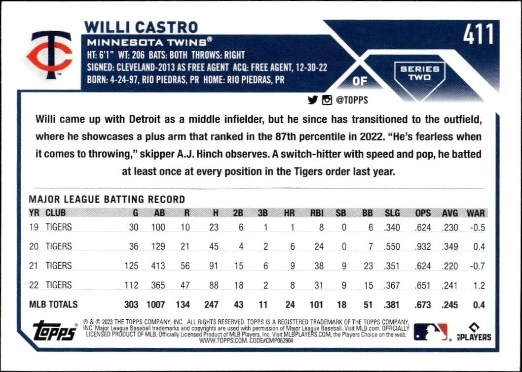 2023 Topps Series 2 Willi Castro #411 baseball trading card back