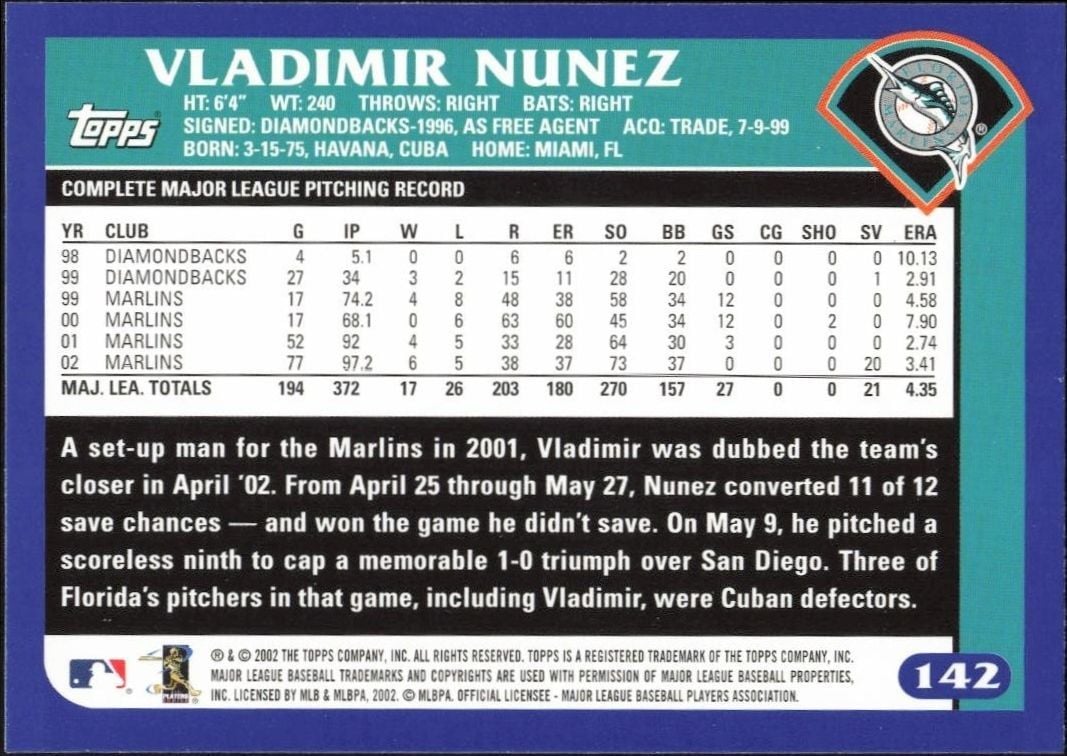 2003 Topps Vladimir Nunez #142 baseball trading card back