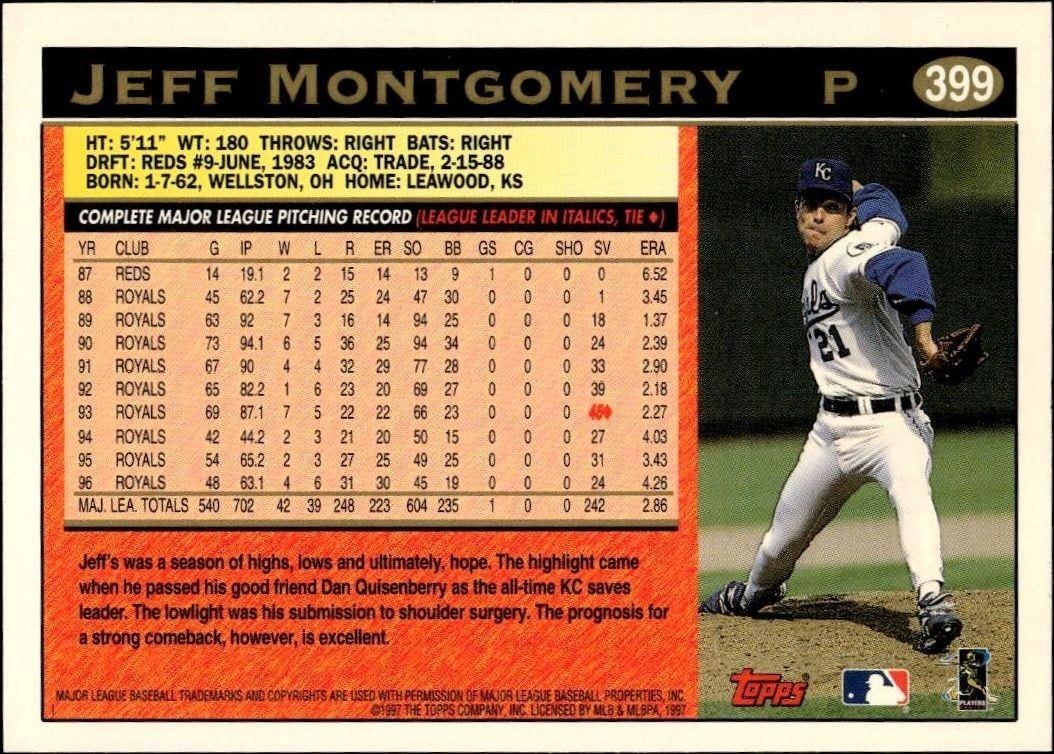1997 Topps Series 2 Jeff Montgomery #399 baseball trading card back
