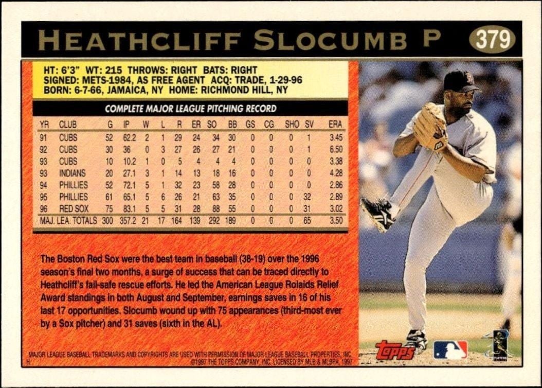 1997 Topps Series 2 Heathcliff Slocumb #379 baseball trading card back