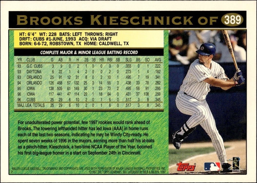 1997 Topps Series 2 Brooks Kieschnick #389 baseball trading card back
