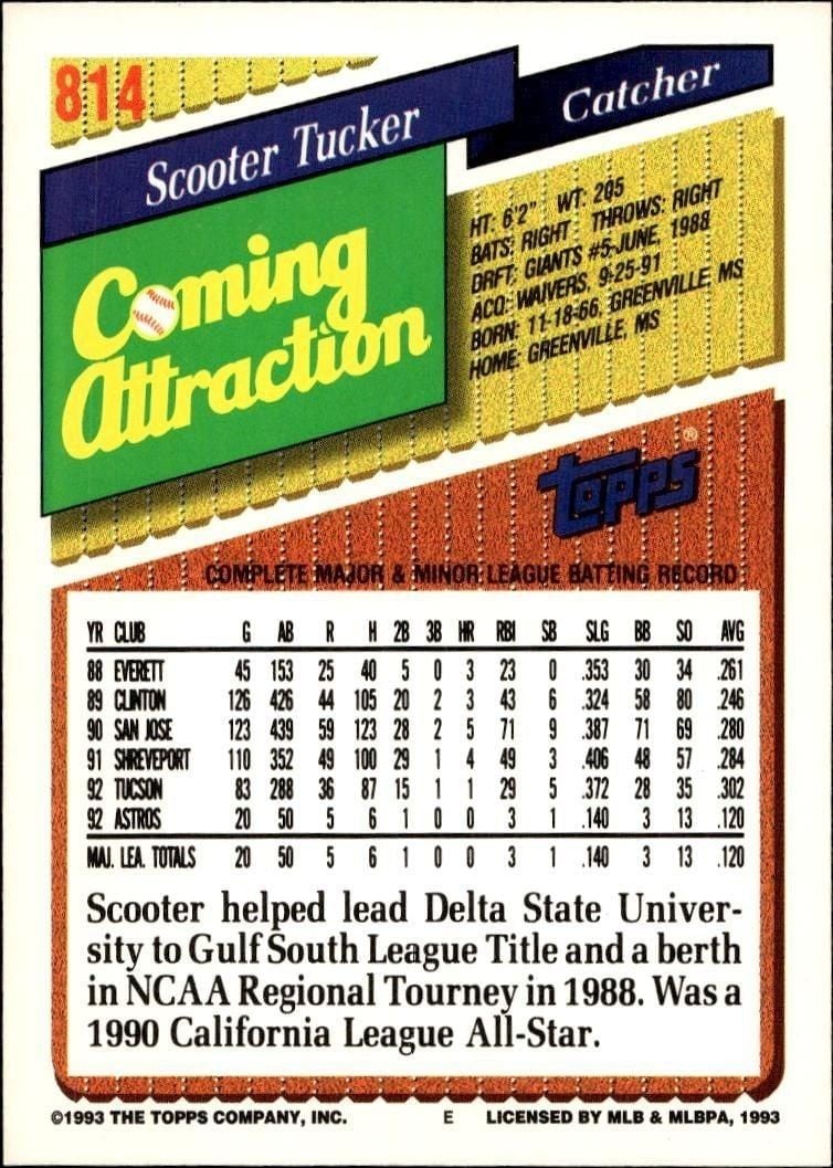 1993 Topps Series 2 Scooter Tucker #814 baseball trading card back
