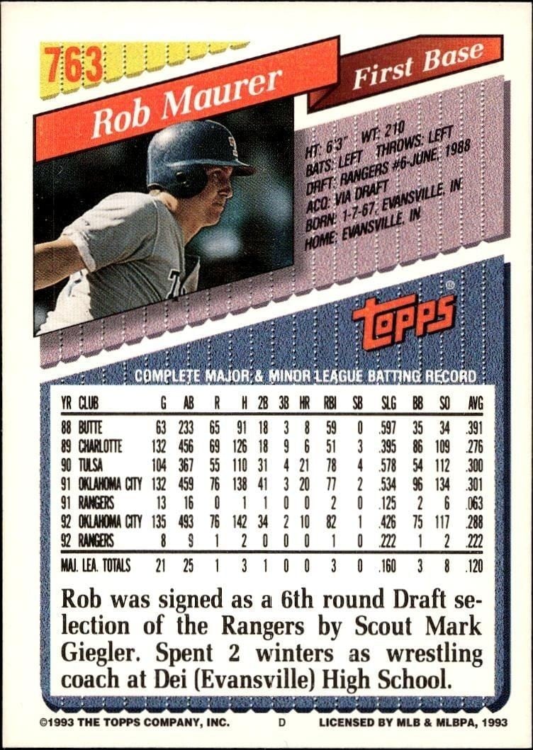 1993 Topps Series 2 Rob Maurer #763 baseball trading card back
