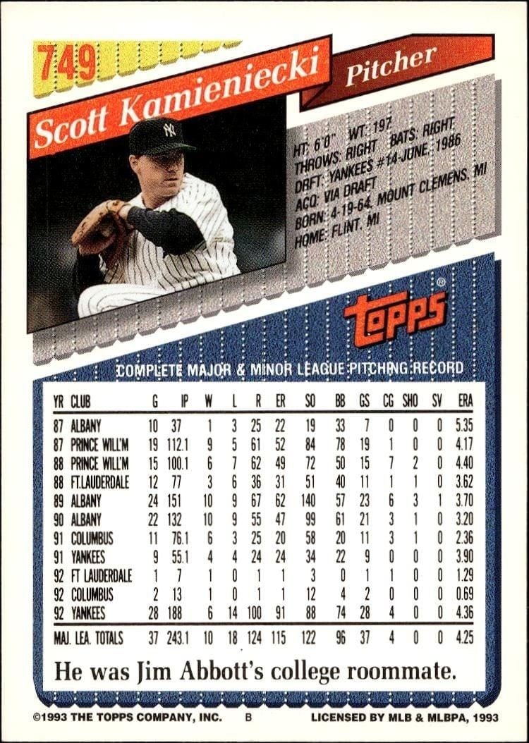 1993 Topps Series 2 Scott Kamieniecki #749 baseball trading card back