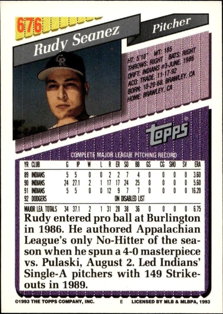 1993 Topps Series 2 Rudy Seanez #676 baseball trading card back