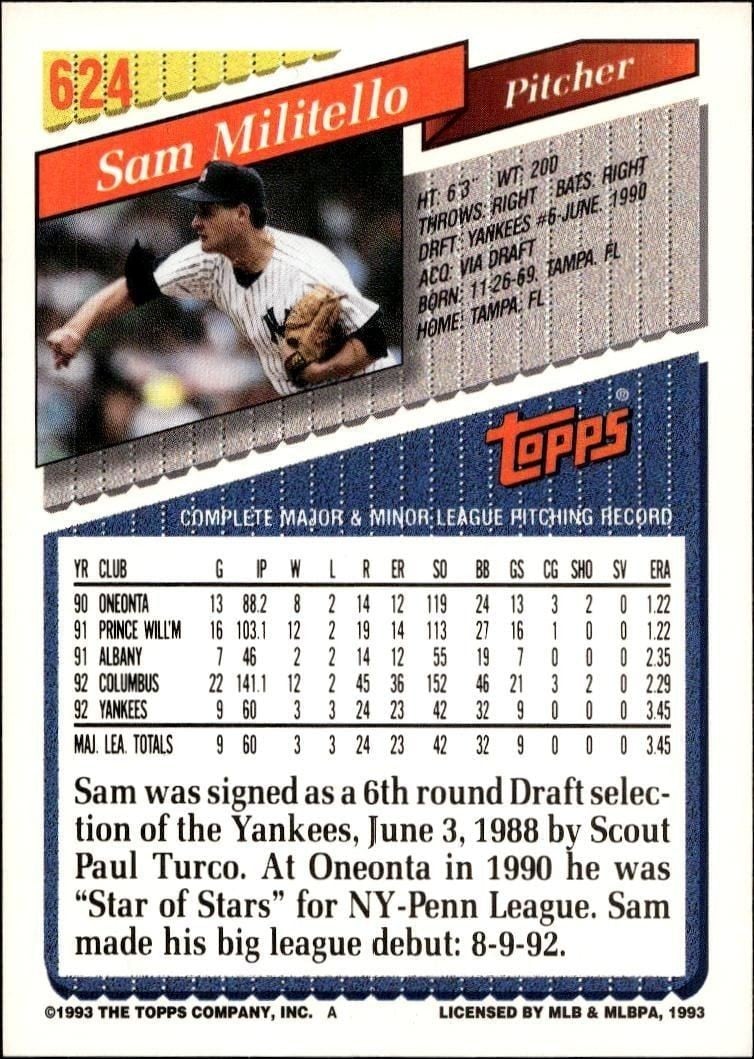 1993 Topps Series 2 Sam Militello #624 baseball trading card back