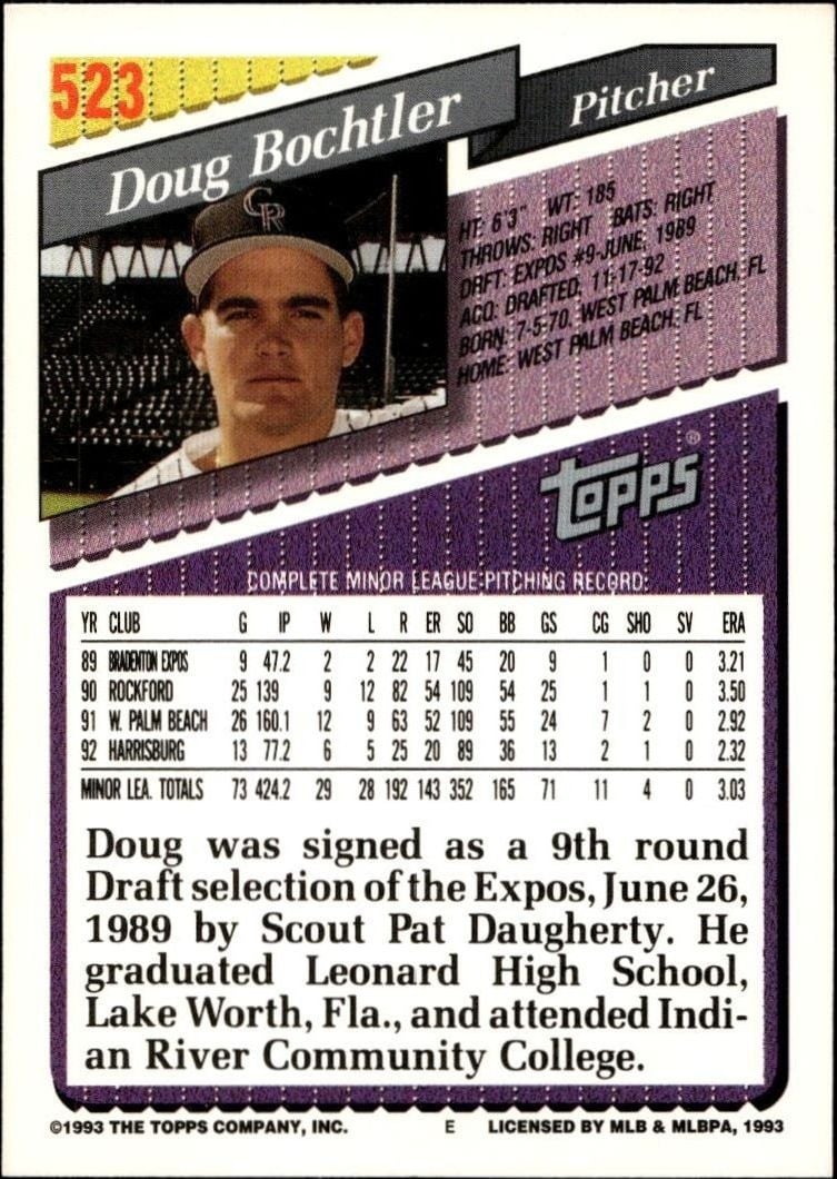 1993 Topps Series 2 Doug Bochtler #523 baseball trading card back