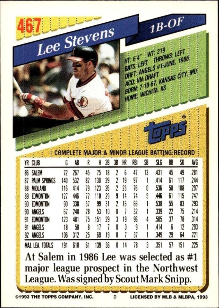 1993 Topps Series 2 Lee Stevens #467 baseball trading card back