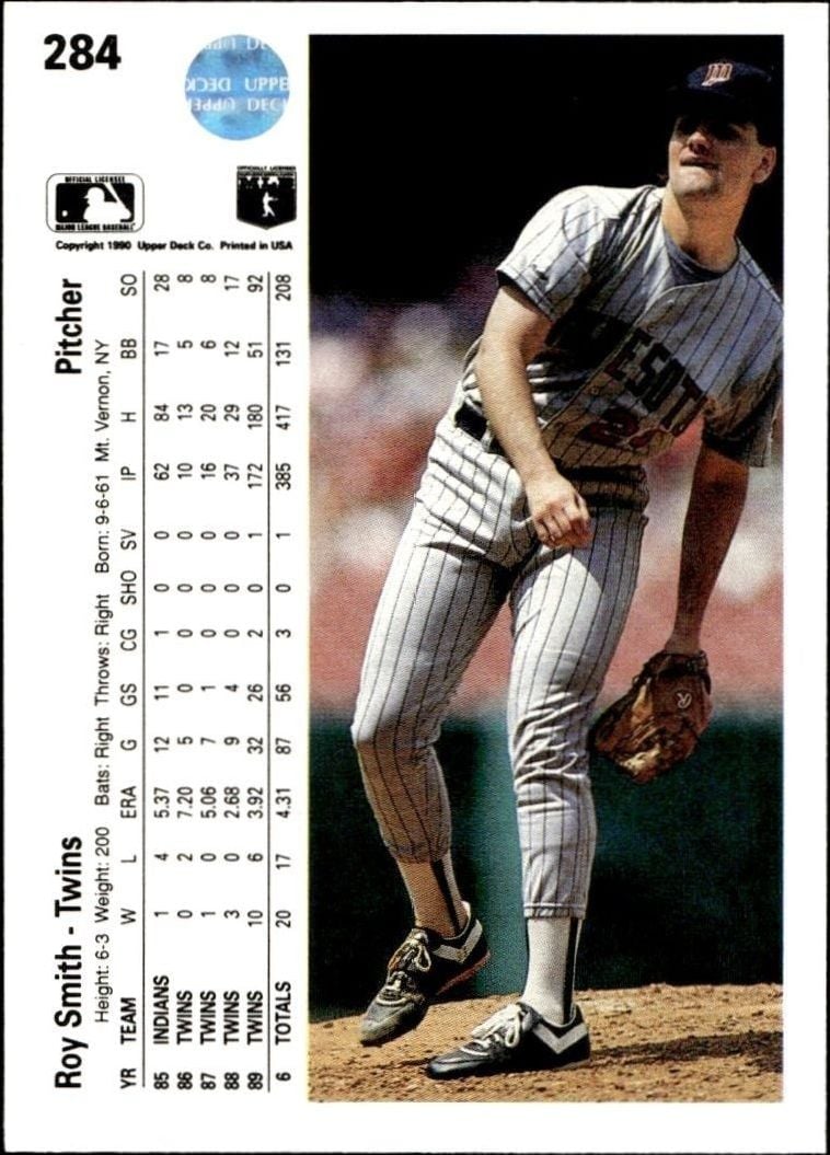 1990 Upper Deck Roy Smith #284 baseball trading card back