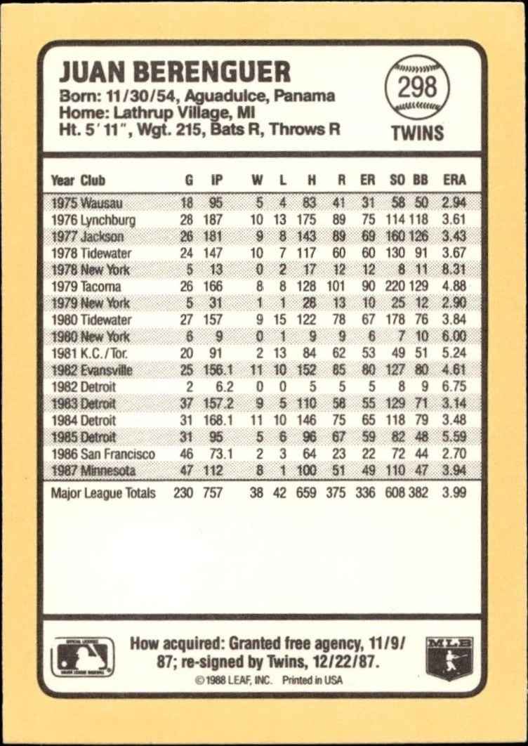 1988 Donruss Baseball's Best Juan Berenguer #298 baseball trading card back