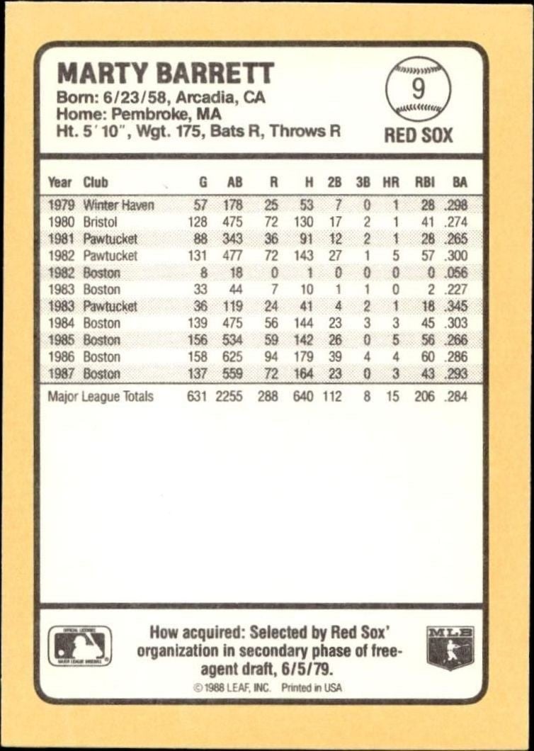 1988 Donruss Baseball's Best Marty Barrett #9 baseball trading card back