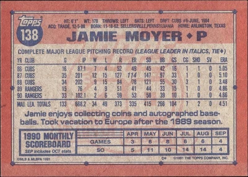 1991 Topps Jamie Moyer #138 baseball trading card back