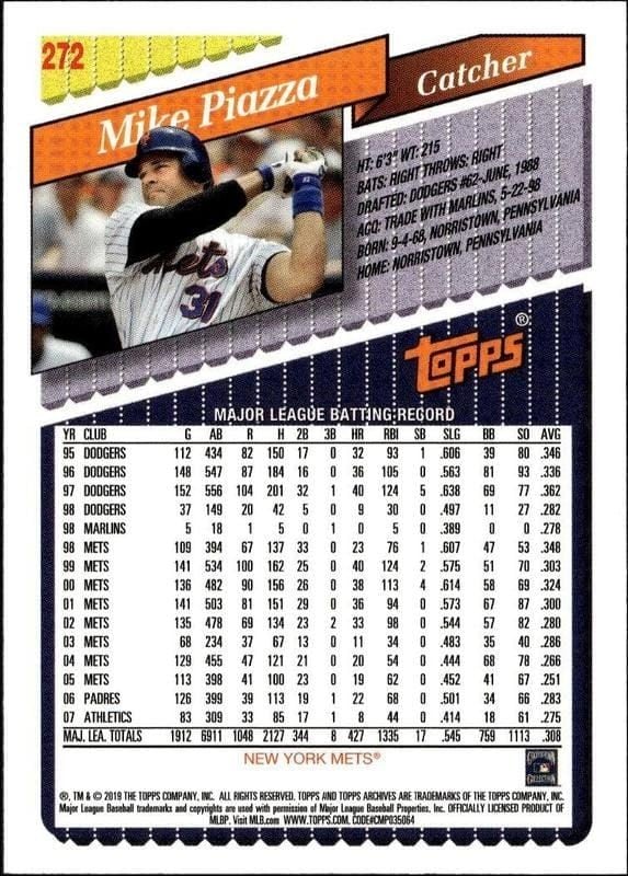 2019 Topps Archives Mike Piazza #272 baseball trading card back
