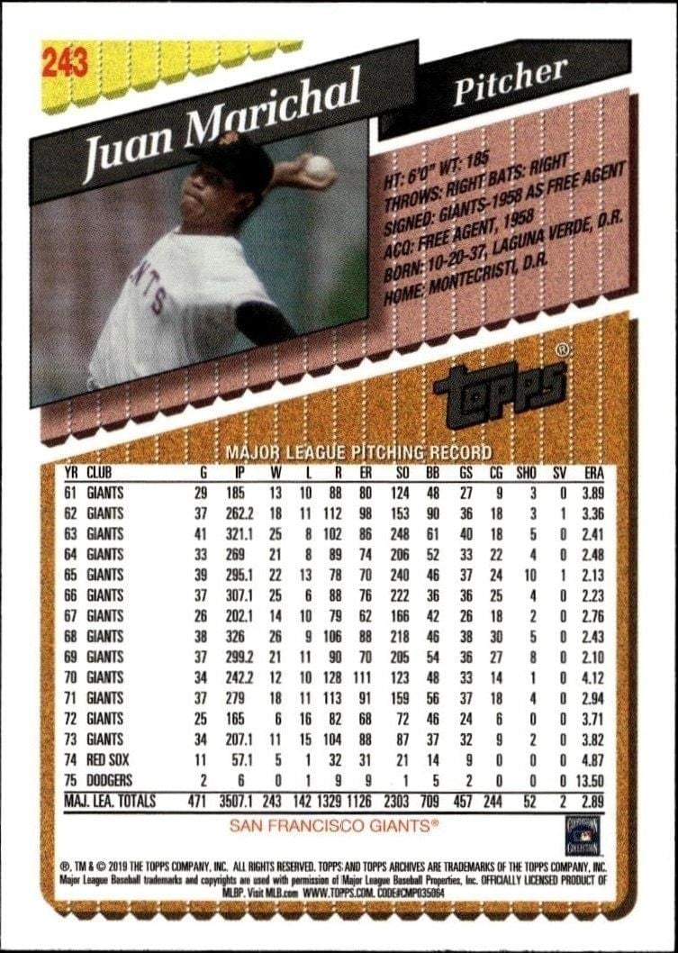 2019 Topps Archives Juan Marichal #243 baseball trading card back