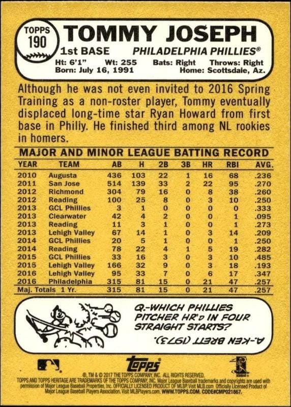 2017 Topps Heritage Tommy Joseph #190 baseball trading card back