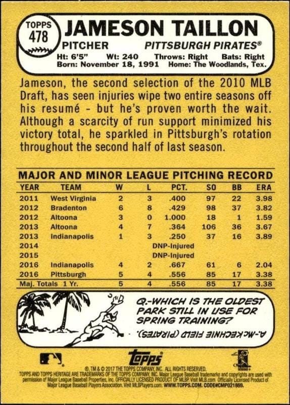 2017 Topps Heritage Jameson Taillon #478 baseball trading card back