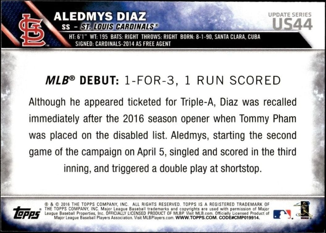 2016 Topps Update Aledmys Diaz #US44 baseball trading card back