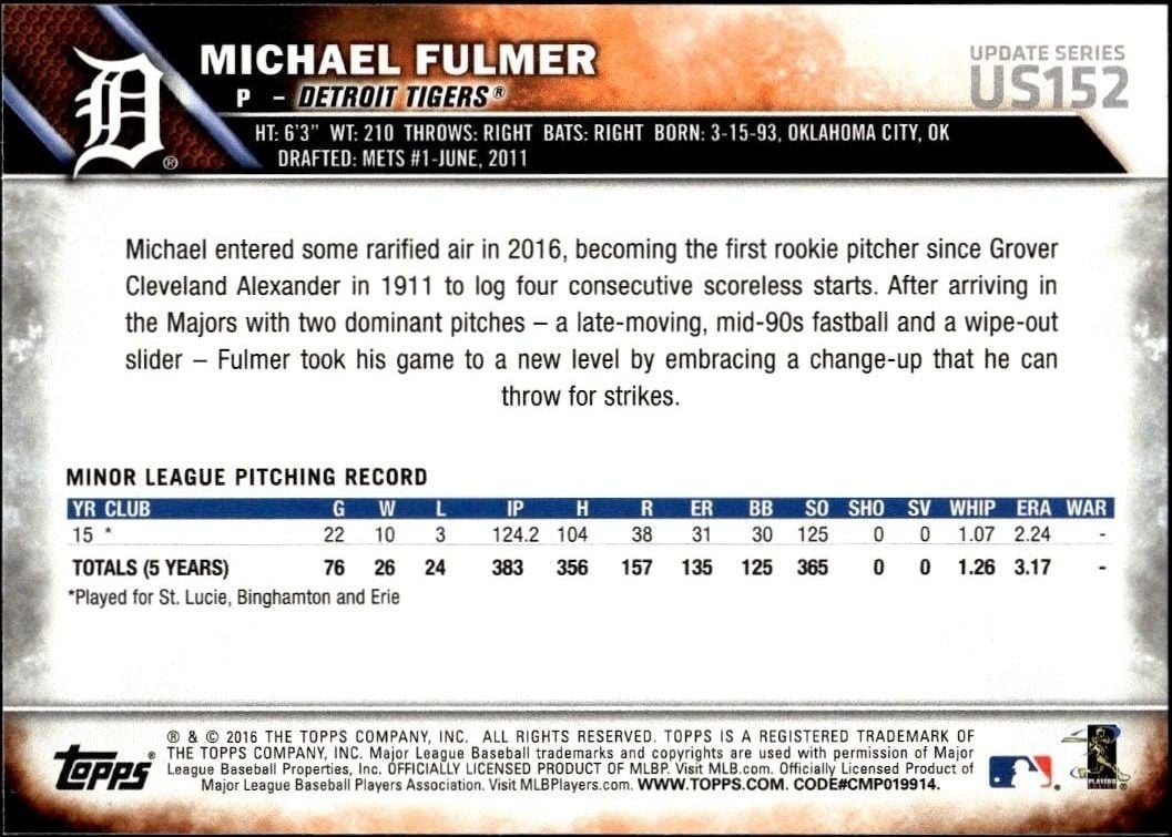 2016 Topps Update Michael Fulmer #US152 baseball trading card back