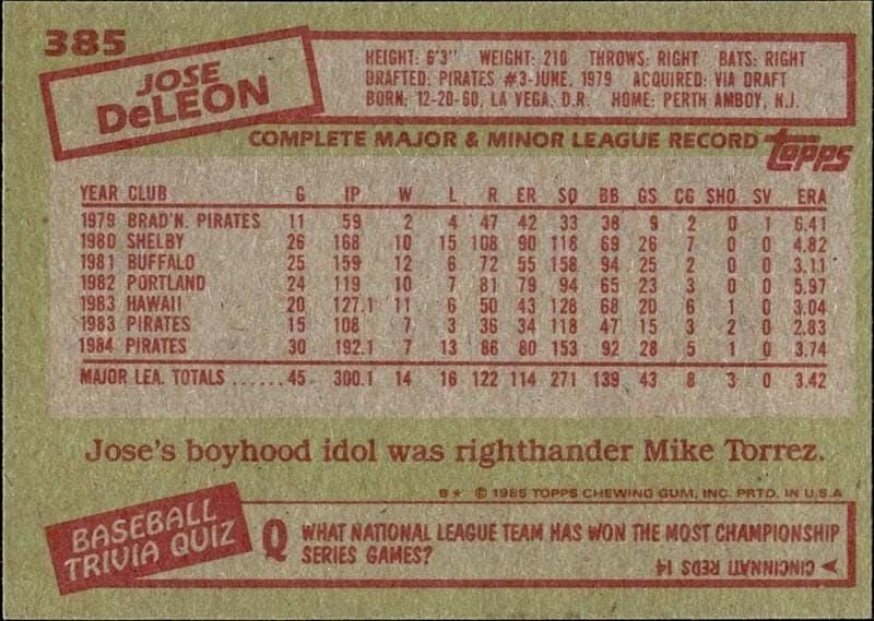 1985 Topps Jose DeLeon #385 baseball trading card back