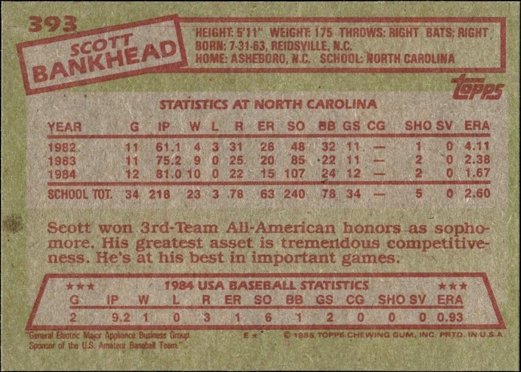 1985 Topps Scott Bankhead #393 baseball trading card back