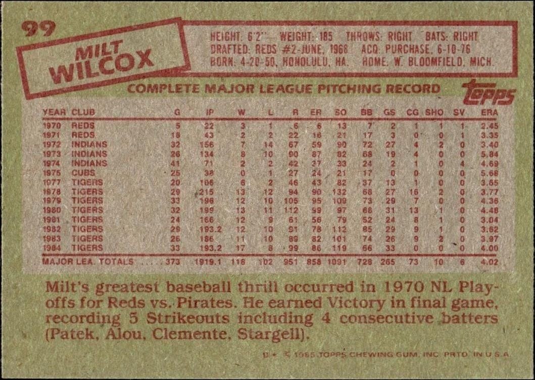 1985 Topps Milt Wilcox #99 baseball trading card back