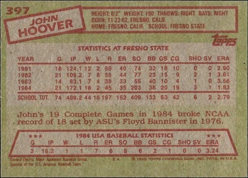 1985 Topps John Hoover #397 baseball trading card back