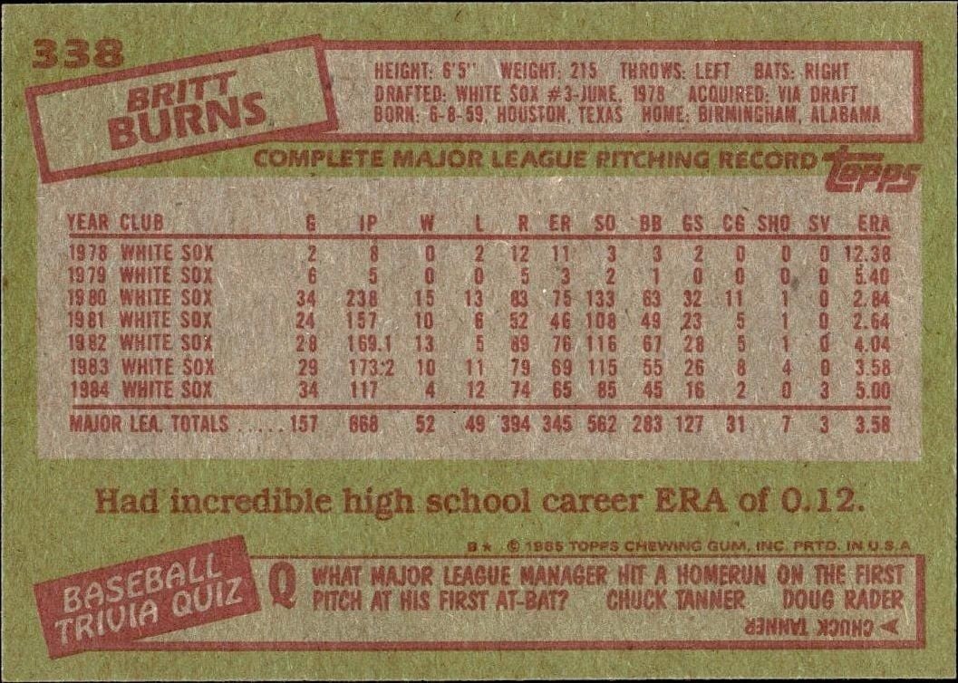 1985 Topps Britt Burns #338 baseball trading card back