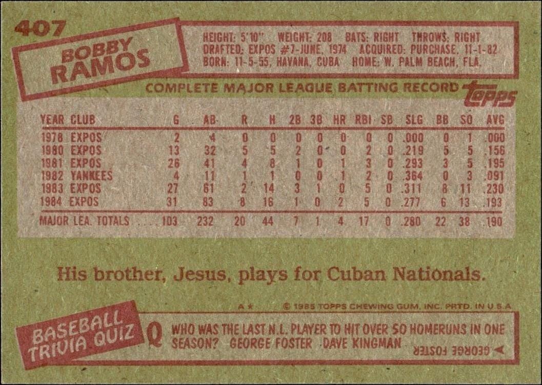 1985 Topps Bobby Ramos #407 baseball trading card back