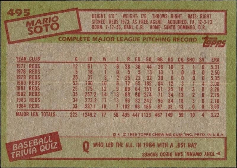 1985 Topps Mario Soto #495 baseball trading card back