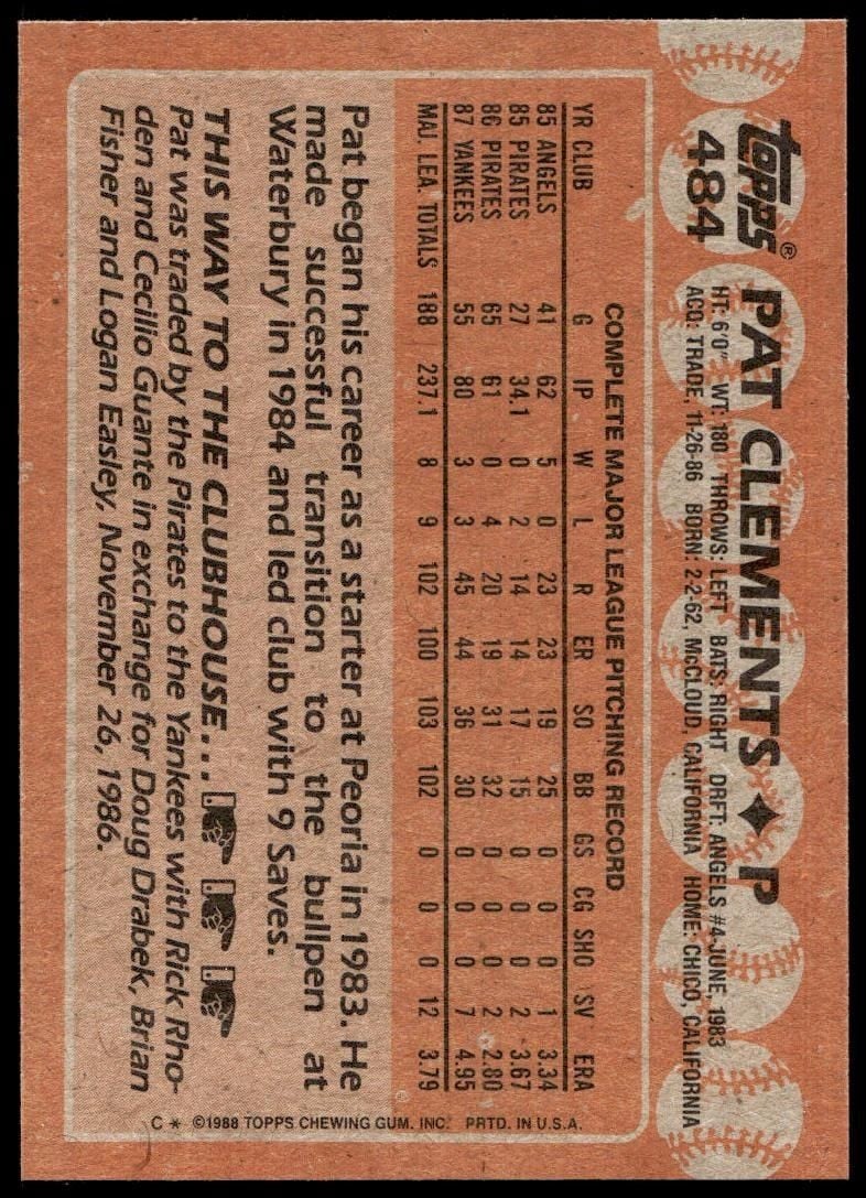 1988 Topps Pat Clements #484 baseball trading card back