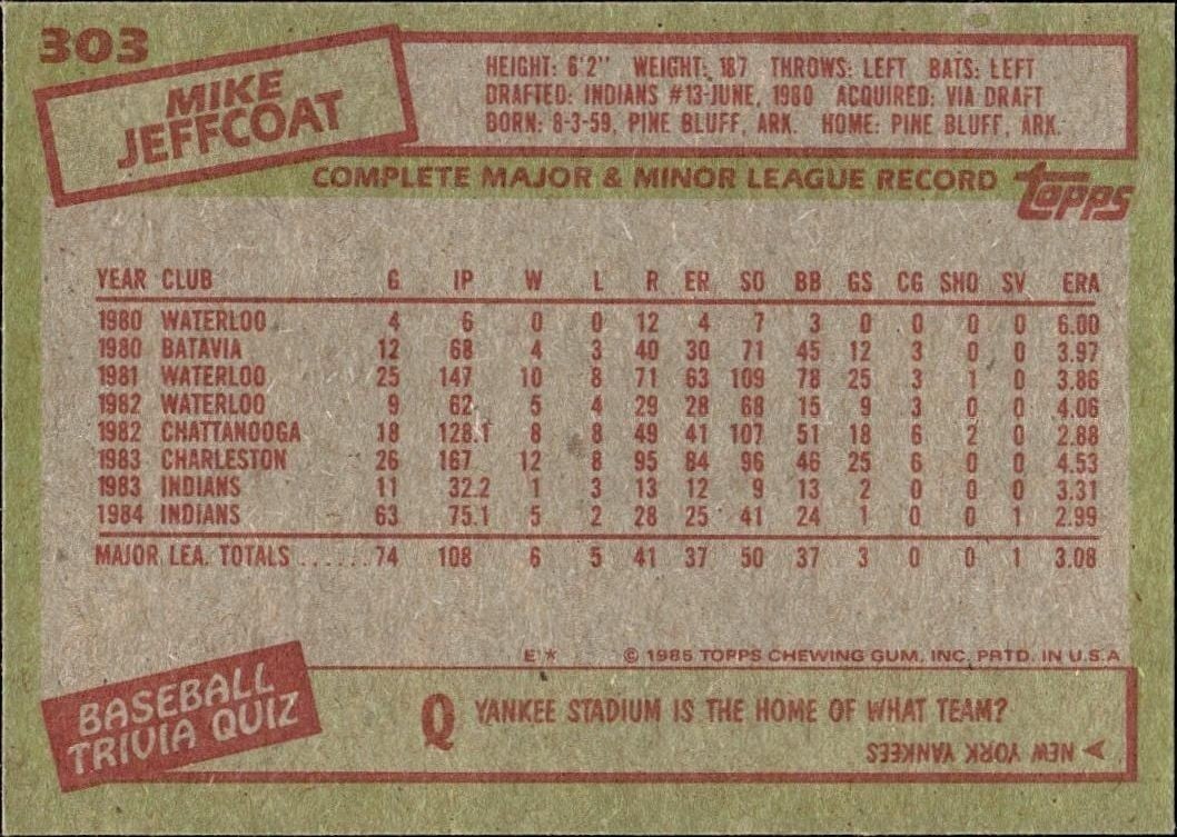 1985 Topps Mike Jeffcoat #303 baseball trading card back