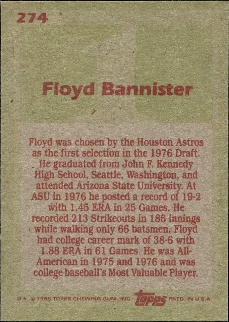 1985 Topps Floyd Bannister #274 baseball trading card back