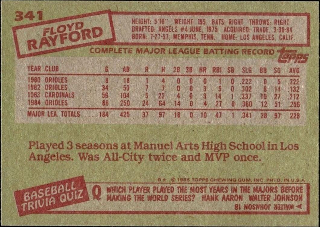 1985 Topps Floyd Rayford #341 baseball trading card back