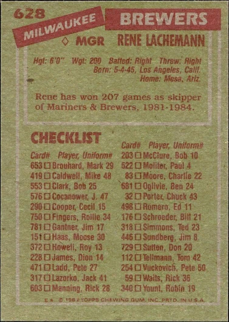 1985 Topps Rene Lachemann #628 baseball trading card back