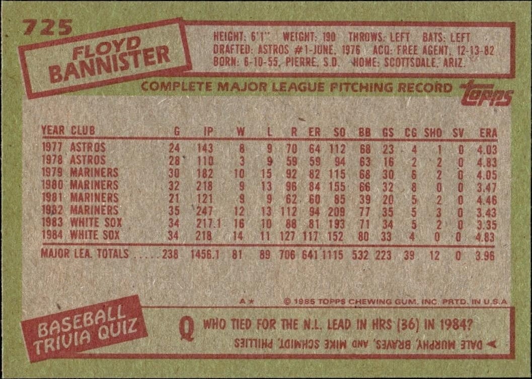 1985 Topps Floyd Bannister #725 baseball trading card back